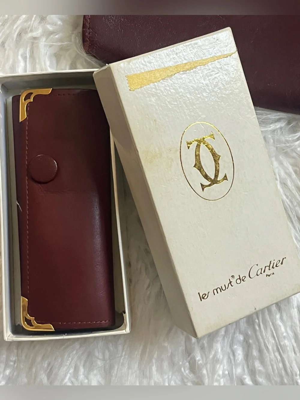 Cartier Burgundy and Gold Leather Key Case, wallet & perfum sample bundle